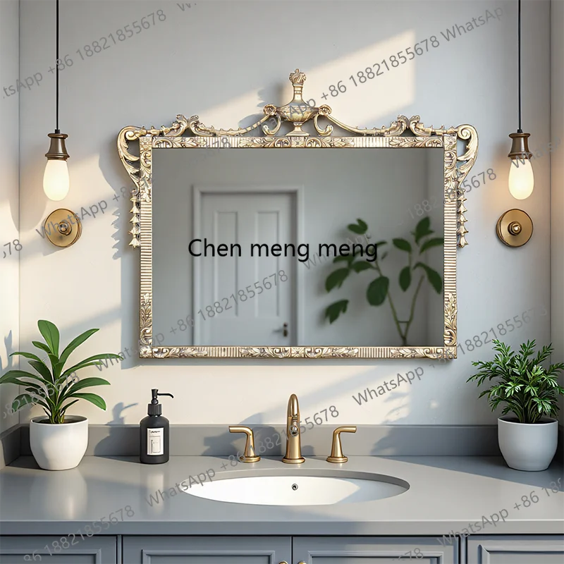 

French smart bathroom mirror sink mirror American retro wall-mounted carved decorative mirror