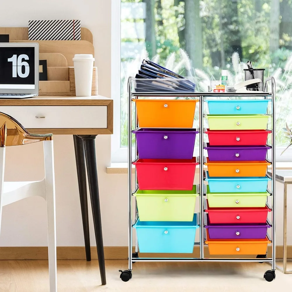 15-Drawer Rolling Storage Cart, Multipurpose Movable Organizer Cart, Utility Cart for Home, Office, School, Multicolor