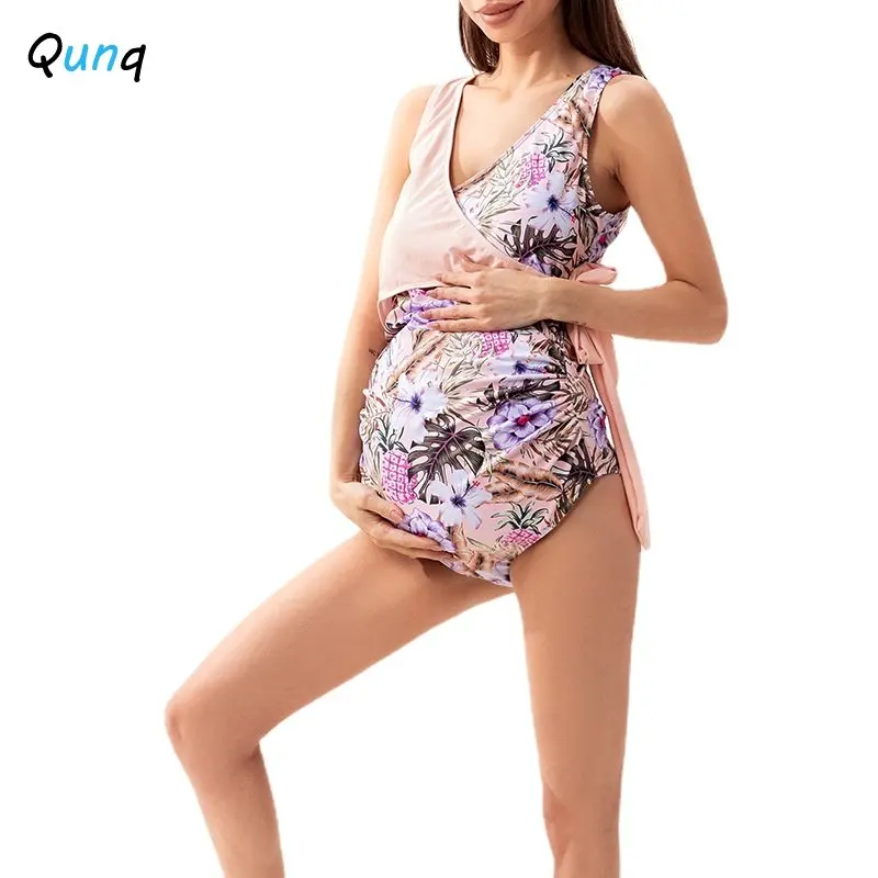 Qunq 2023 New Maternity Swimsuit Women Sexy Splicing V Neck Sleeveless Vest Backless Bikini Bind Jumpsuits Pregnant Swimsuit