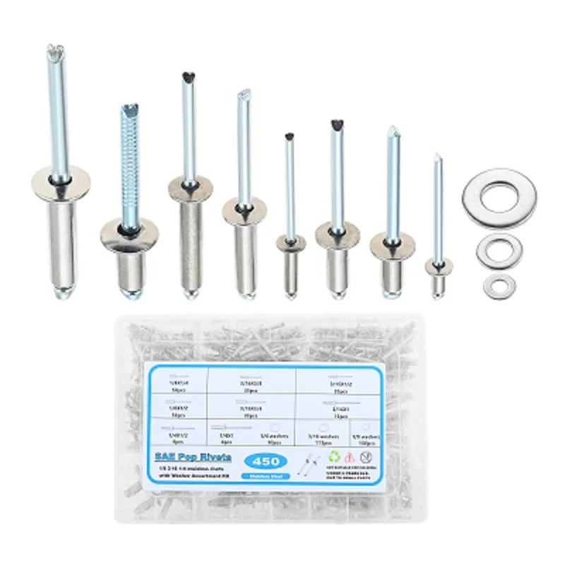 

450Pcs 304 Stainless Steel Pop Rivets with Washers Assortment Kit 8 Sizes for Metal DIY/Home/Automotive Repairs with Organizer