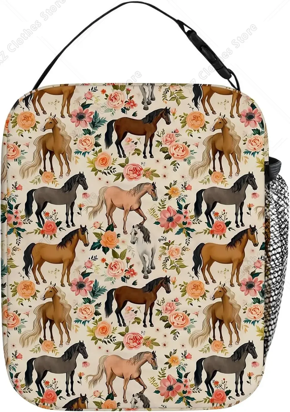 Horse Floral Lunch Box for Girls Women Cute Horse and Pink Flowers Beige Lunch Bag Insulated Reusable Lunchbox Cooler