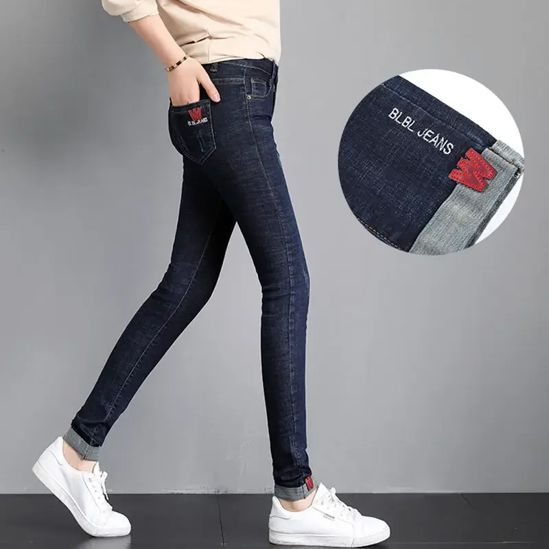 Woman Jeans Pants Autumn And Winter Jeans Women's Elastic Mid-Waist Skinny Dark Blue Pants Embroidery Pantalones Vaqueros Mujer