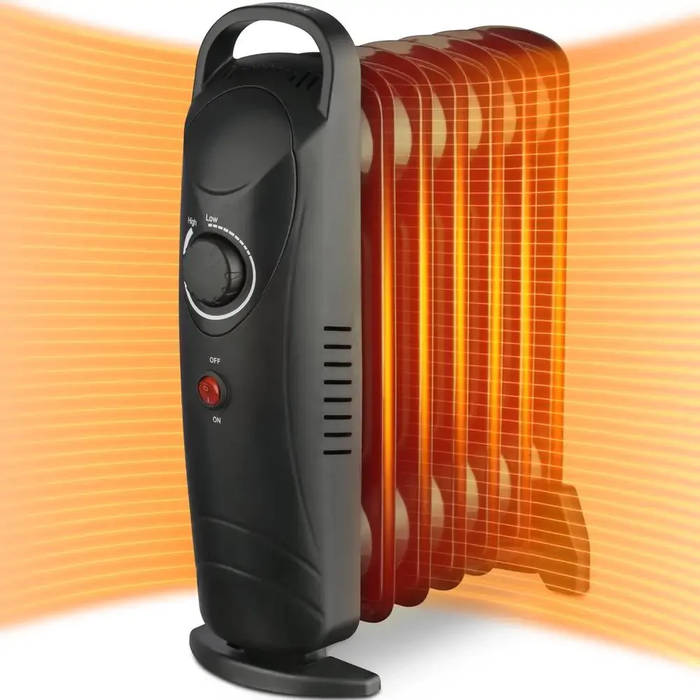 700W Oil Filled Electric Space Heater Adjustable Thermostat Indoor Heater Overheat Protection Portable Black Mini Design Bedroom