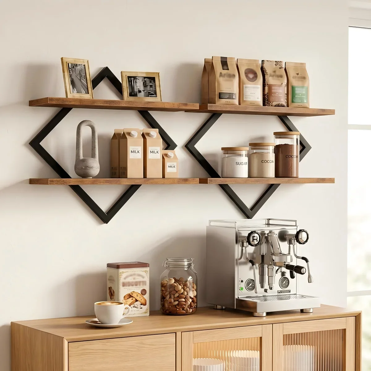 2Pcs Geometric Diamond Floating Shelves Wall Mounted, Industrial Wood Display Rack Set, Decorative Books Plant Storage Shelf for