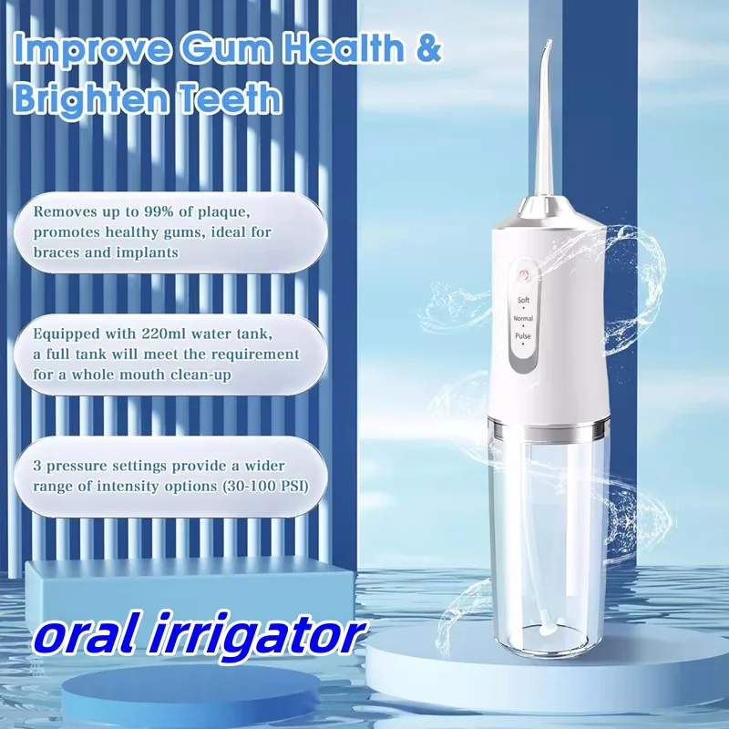

Ирригатор полости рта, 220 мл, с 4 насадками, 3-режимная водонепроницаемая зубная щетка IPX7, перезаряжаемый через USB портативный домашний ирригатор полости рта для путешествий