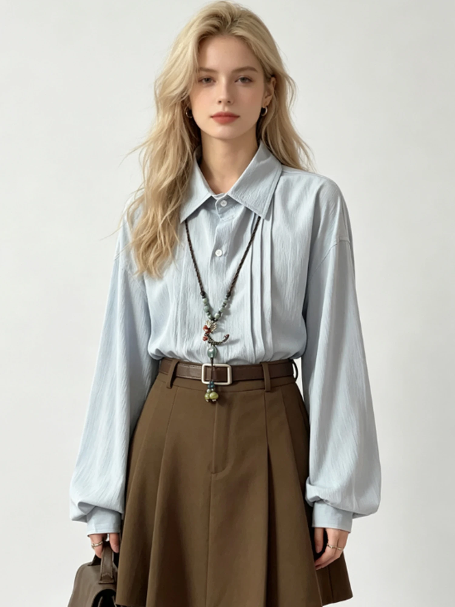 Women Light Blue Blouses and Shirts Long Sleeve Polo-Neck Shirt Japanese Y2k Gyaru Vintage Casual Blouse for Women Spring Autumn