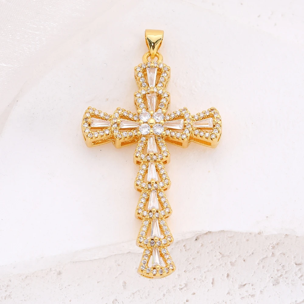 Juya 18K Real Gold Plated Cubic Zirconia Catholic Christian Crosses Charms For DIY Religious Pendant Rosary Jewelry Making