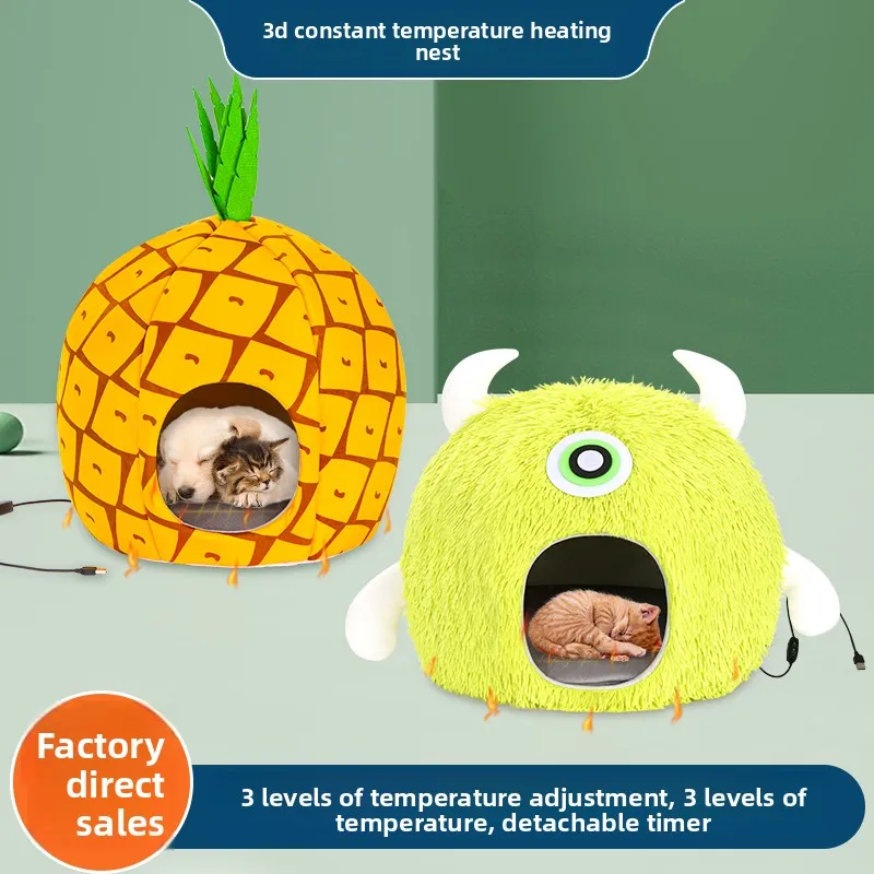 Cama para mascotas con calefacción termostática 3D para gatos/perros, forma de piña/monstruo, Control de temperatura USB de 3 velocidades, estera lavable extraíble