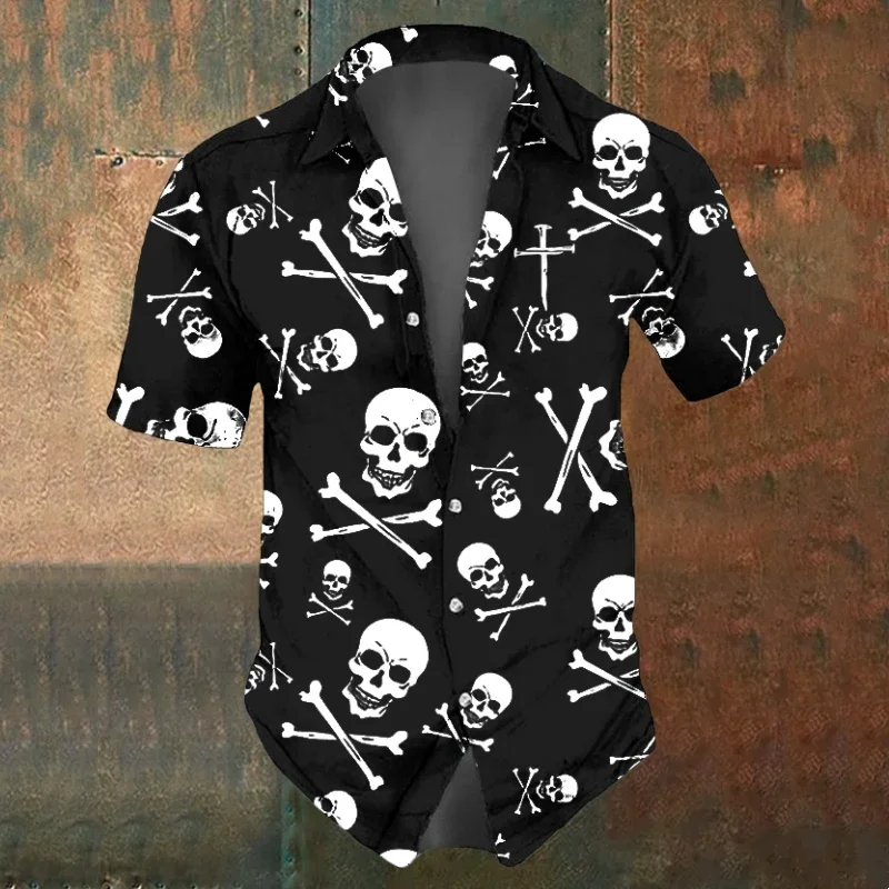 

Retro Men's Shirts Small Skull Print Short Sleeve Loose Oversized Hawaiian Shirt Fashion Man Clothes Skull Black Shirts For Men