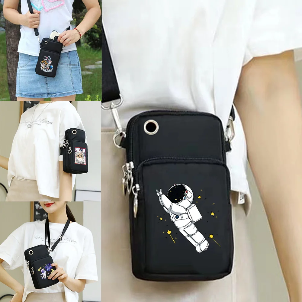 

Double Layer Mobile Phone Bag Astronaut Printing Mini Bag Zipper Purse Multi-layer Casual Outdoor Travel Adjustable Shoulder Bag