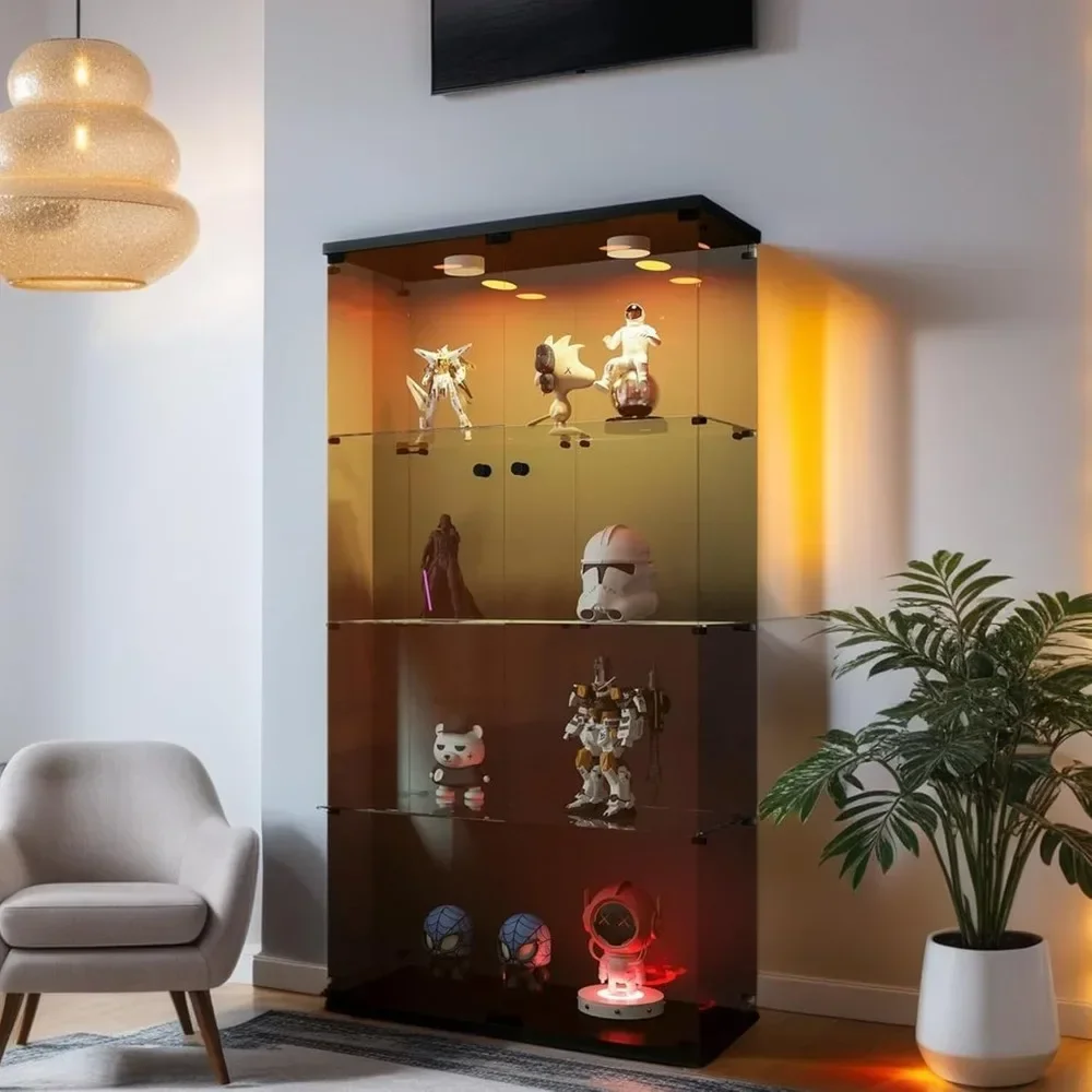 XMSJ Glass Display Cabinet with Lights and Lock, Display Case  Cabinet with Glass Door, Floor Standing Showcase,Glass Display