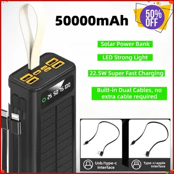 50000mAh Solar Power Bank 22.5W Super Fast Charge Built-in Dual Cables Portable Charger…