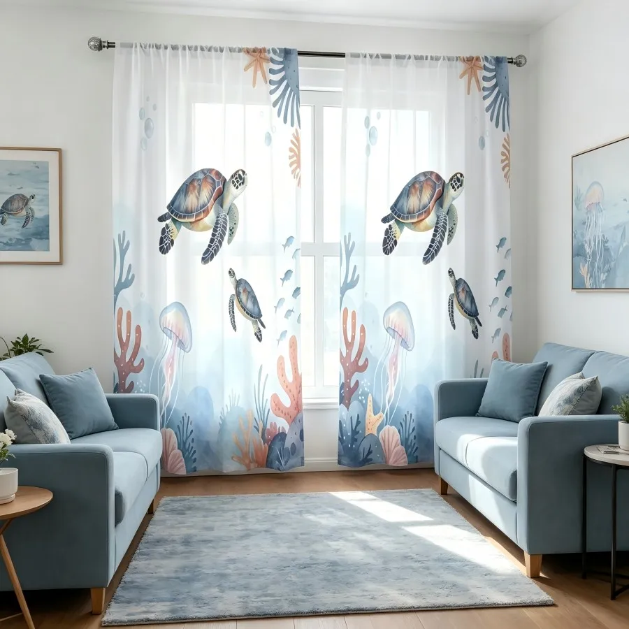 2PCS Digital Print Sheer Curtain, Coral Sea Turtle Ocean Marine Tropical Window Drapes for Living Room Bedroom Home Decor