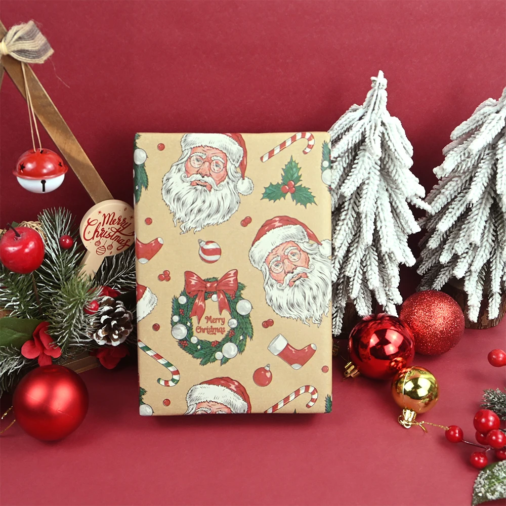 1 لفة من ورق تغليف كرافت لعيد الميلاد بأوراق حمراء مملة وتصميم جرس جلجلينج لعيد الميلاد والعطلات وغلاف هدايا الحفلات