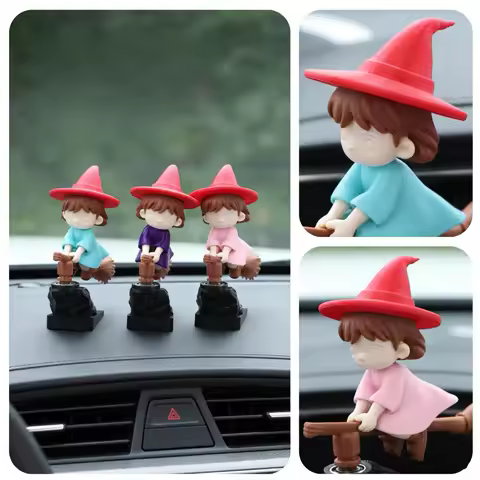 Self Adhesive Witch Broomstick Car Ornament Drift Dashboard Decor Funny Wizard Mini Figurine Vehicle Interior Accessory