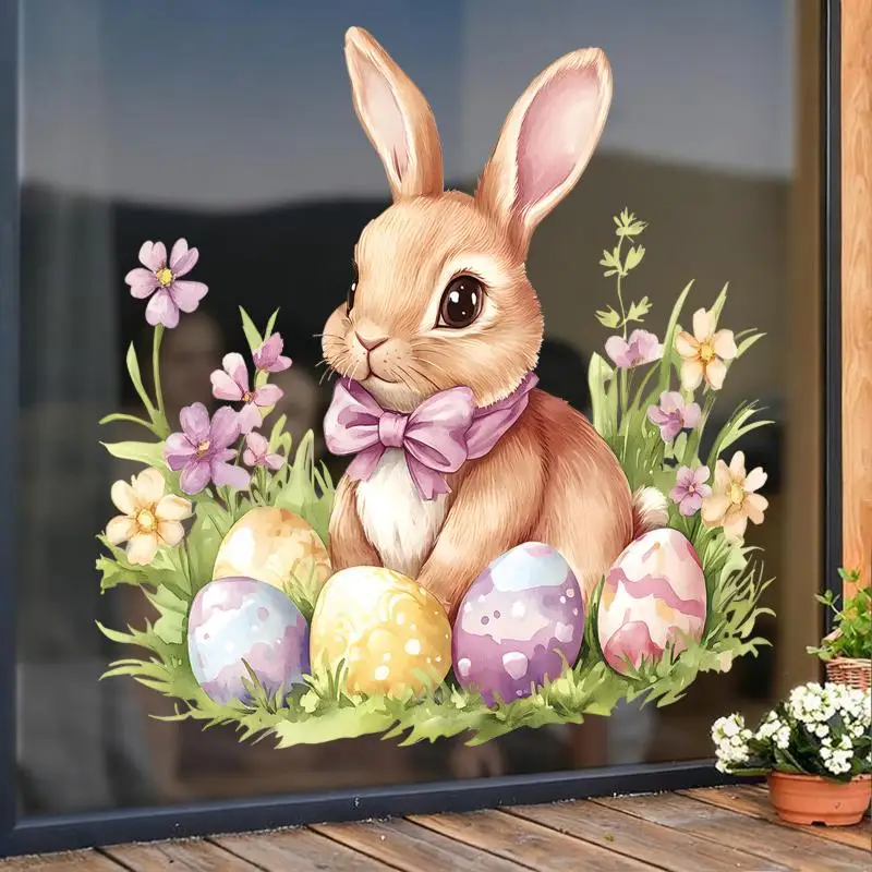 Easter Bunny And Flower Stickers Removable Waterproof PVC Decals For Living Room Balcony Window Decor Easter Party Decoration
