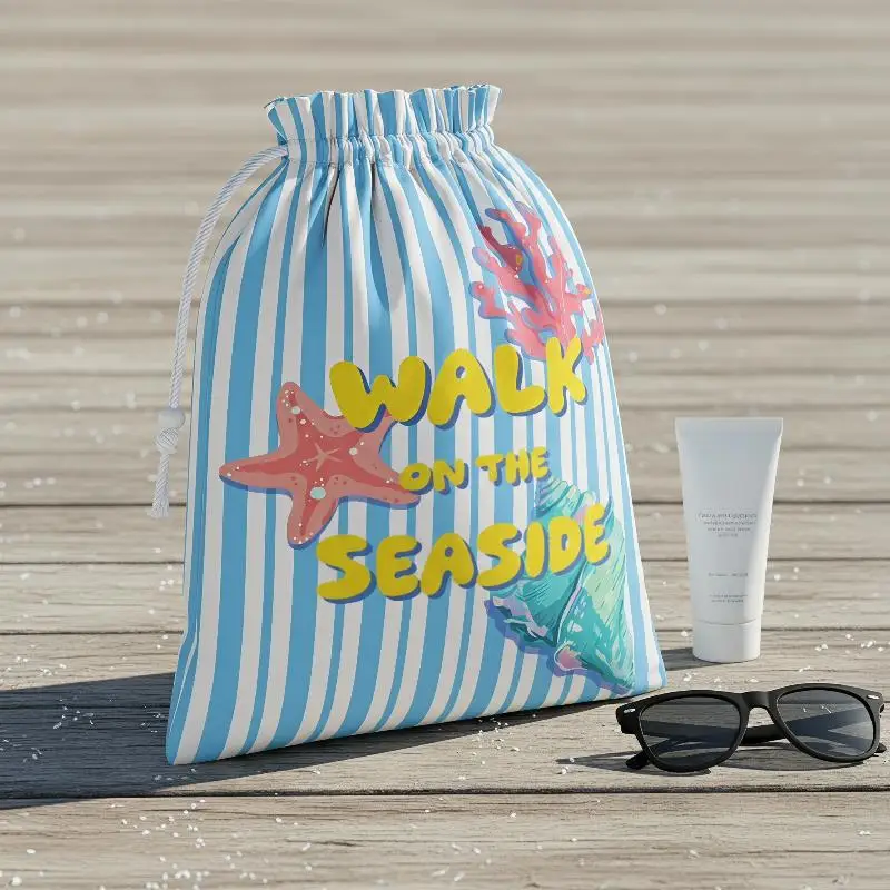 Cute Seaside Print Drawstring Travel Bags Breathable Water Repellent Fabric For Beach Vacation Storage
