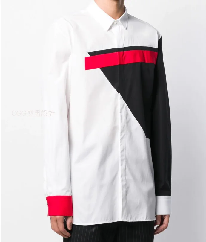 

XS-6XL New 2024 Men Women's Clothing Catwalk Stage Geometric Contrasting Color Patchwork Slim Shirt Plus Size Costumes