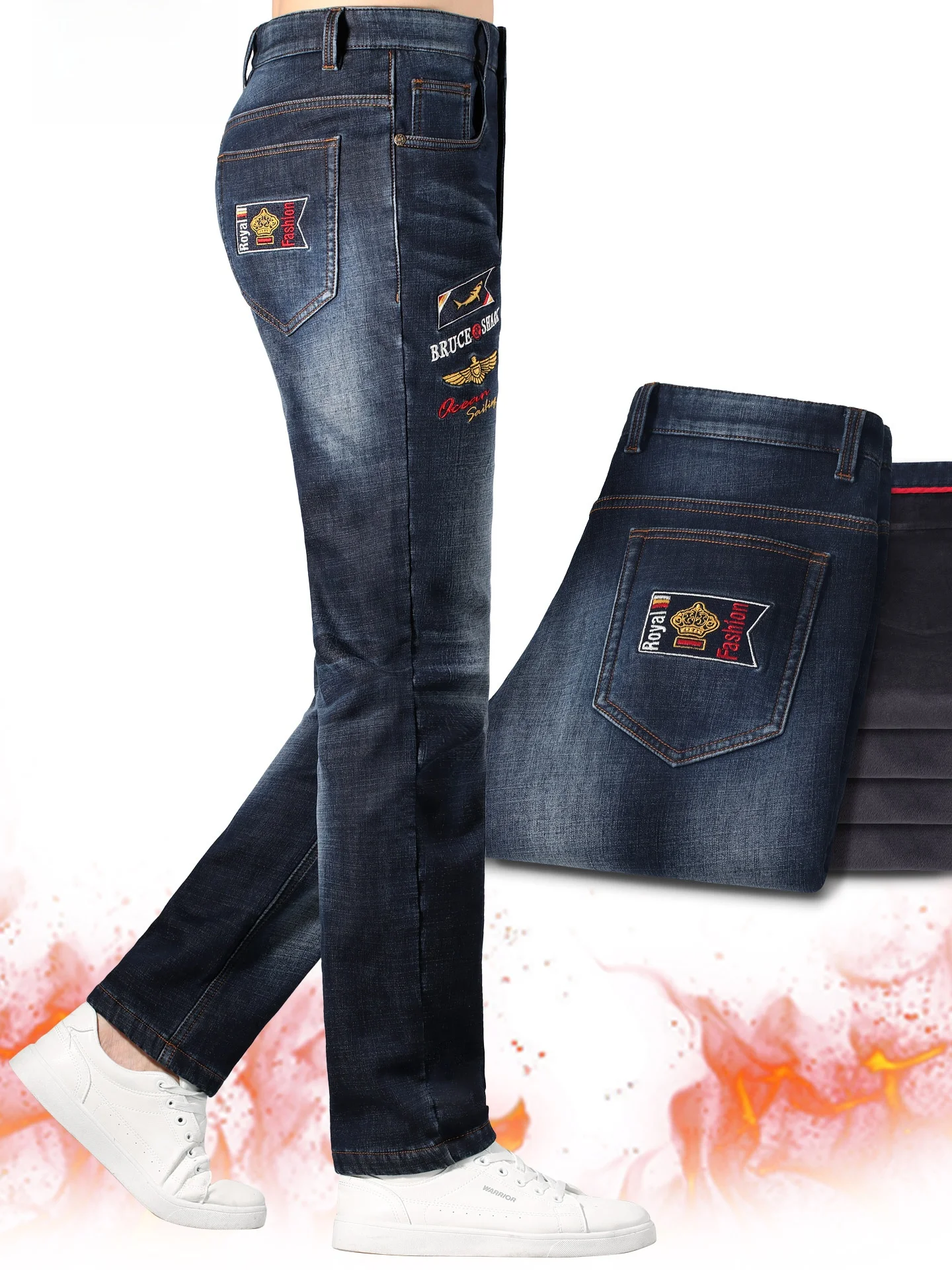 

Мужские зимние утепленные джинсы прямого кроя на флисовой подкладке Bruce & Ark, повседневная одежда, удобная посадка, застежка-молния, смесь хлопка