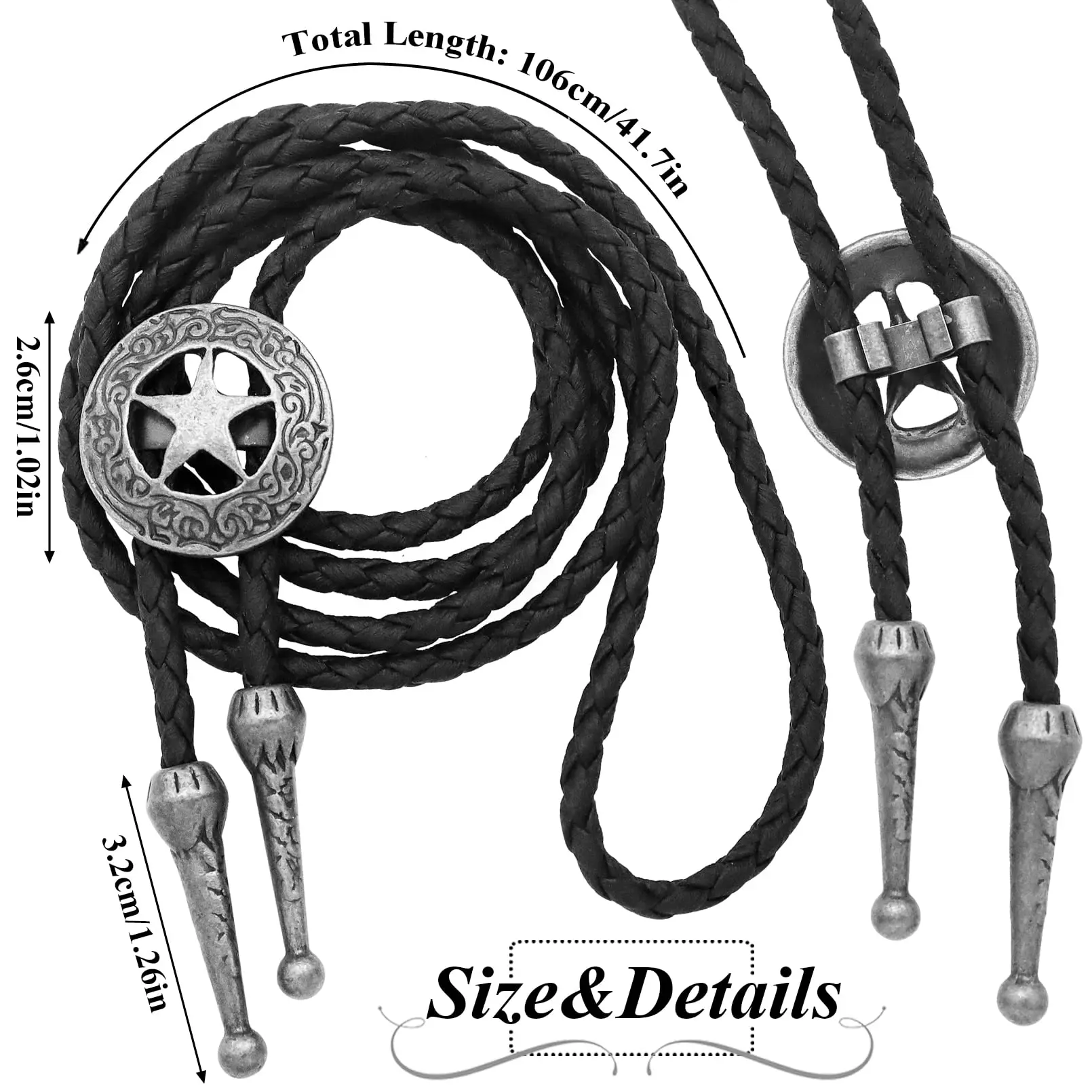 Vintage Western Cowboy Bolo-Krawatte für Herren, Stern-Bullen-Kreis-Uhrwerk-Anhänger, Lederseil-Krawatte, Damen-Halskette, Accessoire – Detail 3