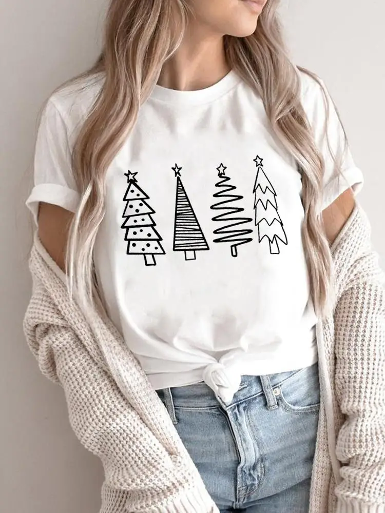 Moda Nowy Rok T-Shirts Print Top Graphic Tee Tree Star Lovely 90S Trend Wesołych Świąt Women Holiday Casual Shirt Clothing