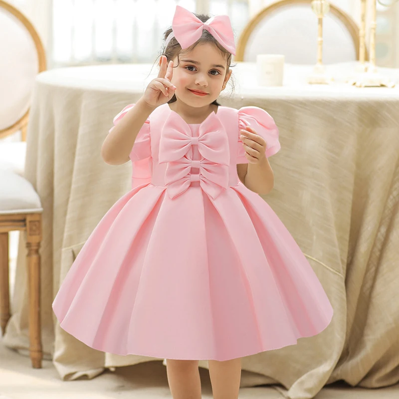 

Infant Pink Bow Girls Summer Dress For Wedding Gown Baby 1st Birthday Princess Party Dresses Tollder Girl Tutu Evening Vestidos