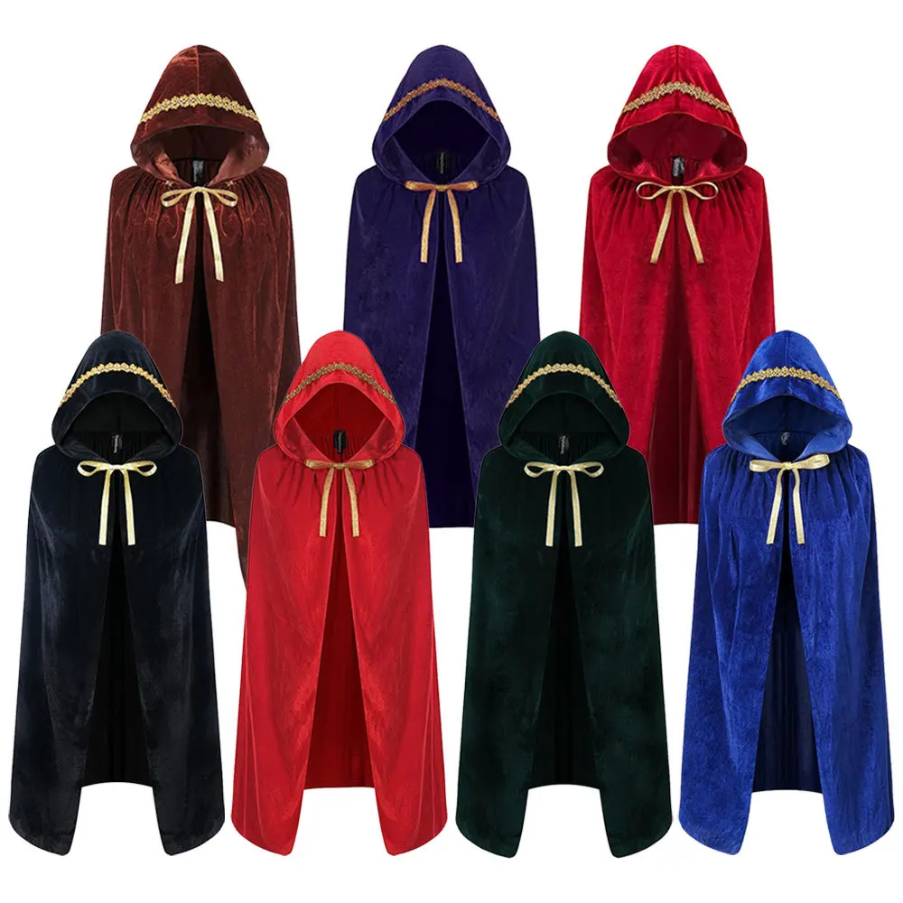 عباءة مخملية بغطاء رأس للأطفال والكبار ، عباءة من نوع واحد ، ساحرة شيطان ، لعب الأدوار ، عيد الهالوين ، قبعات عيد الميلاد التنكرية ، عباءة بغطاء رأس