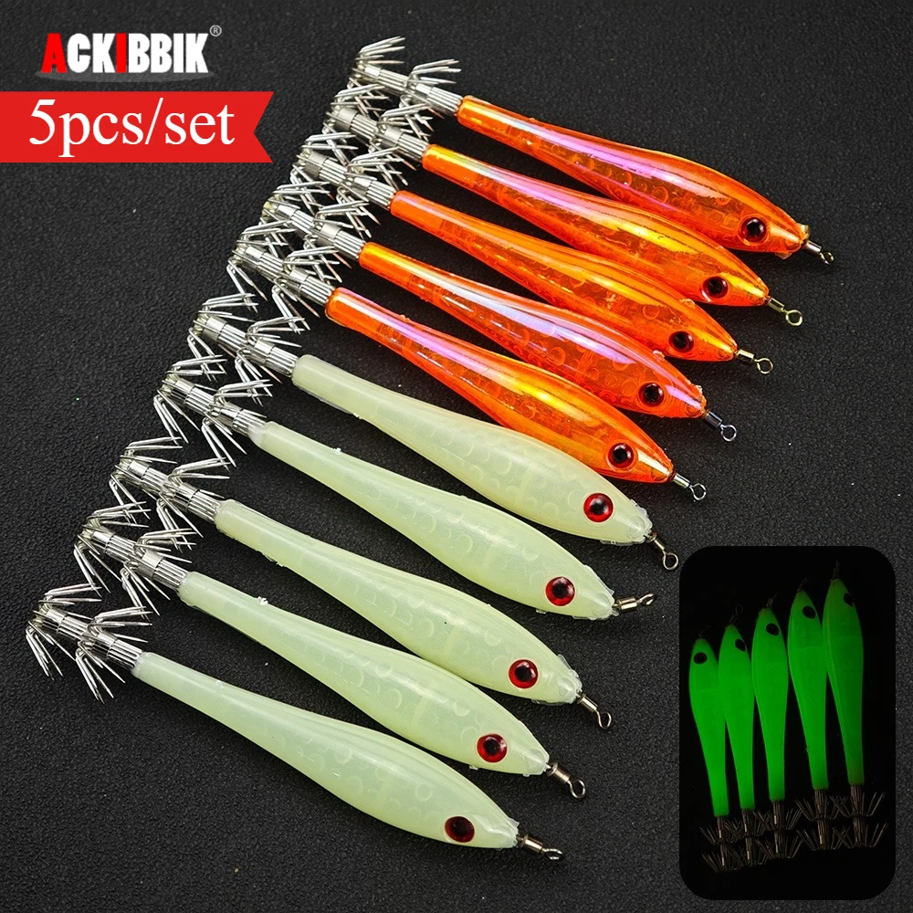 Ackibbik 5pcs/set Shrimp Lures Squid Jig Lure Hooks Saltwater Fishing Lures Night Fishing Cuttlefish Fishing Accessories