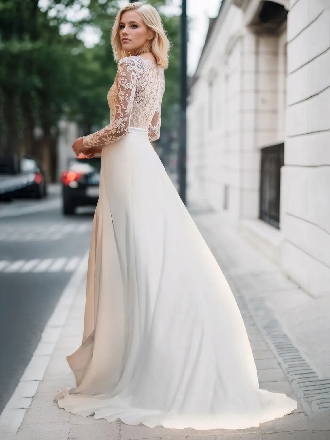 Elegantes, luxuriöses, zweiteiliges Abendkleid mit langen Ärmeln, Chiffon, Kristallapplikationen, U-Ausschnitt, bodenlanges Kleid 2025, kostenlos individuell gestaltet