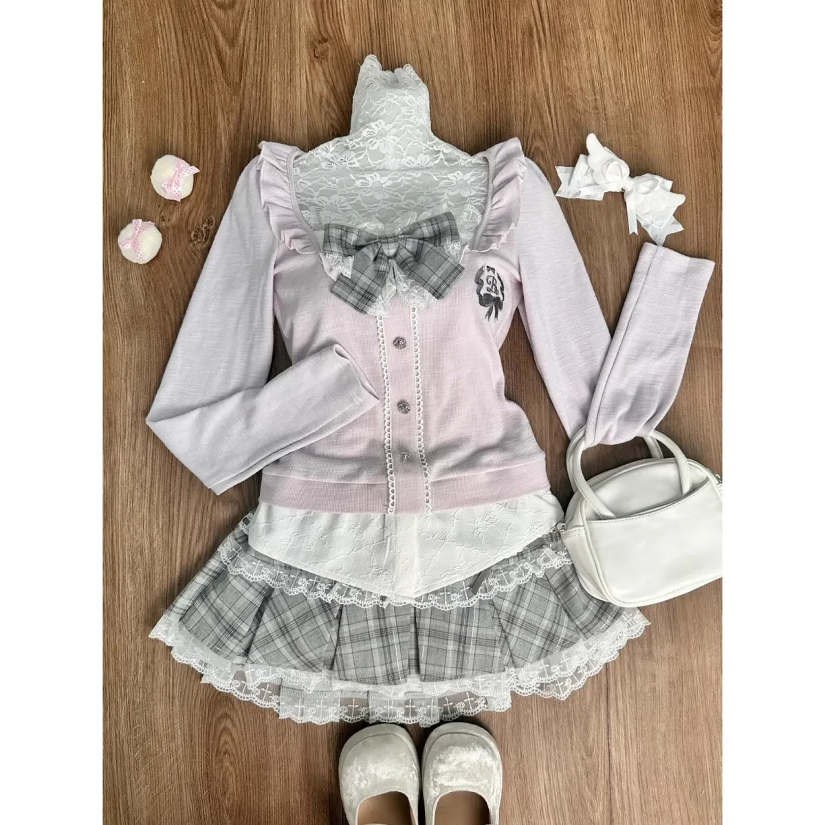 Japanese Sweet Preppy Style Skirt Set Women Kawaii Lace Patchwork Bow Tops + Y2k Plaid Mini Skirt Elegant Outifits 2 Piece Set