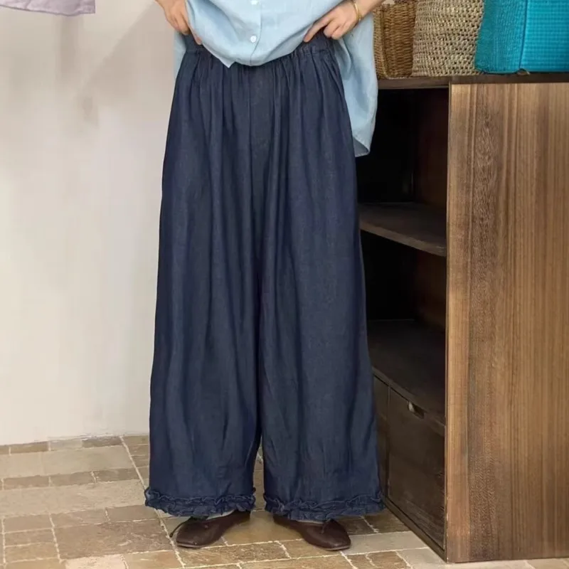 

Johnature Japanese Fungus Edge Thin High-waisted Jeans Women 2025 Summer New Cotton Elasticated Waist Cropped Pants