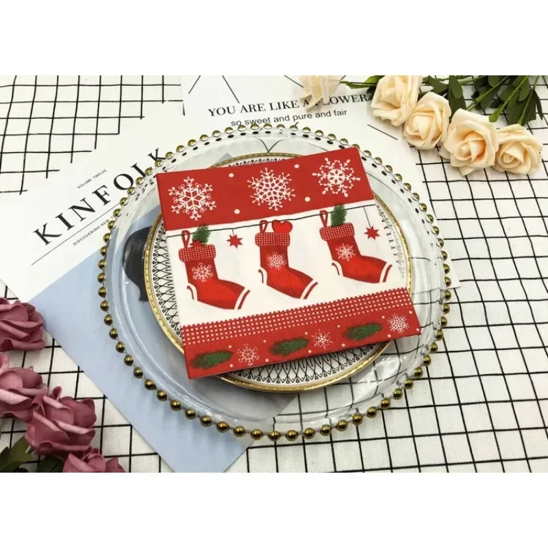 40/60/80/100pcs Rapid Logistics Christmas Red Socks Colorful Printed Napkin Mouth Cloth Paper Placemats Party Folded Flower 33cm