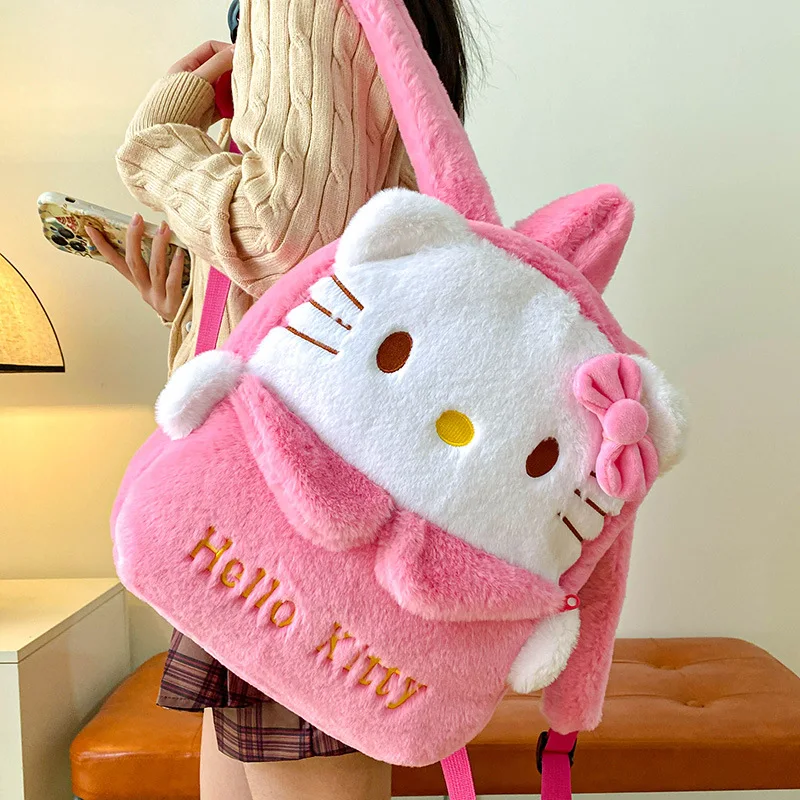 

Плюшевые школьные ранцы Sanrio Hellokitty Kuromi Cinnamoroll Mymelody Kawaii, мультяшный рюкзак, пушистая сумка, сумки, уличная плюшевая сумка