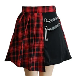Women Short Skirt Fashion Tartan Red Pleated Skirts Streatwear Plaid Side Button Skirt Womens Casual Mini Skirt