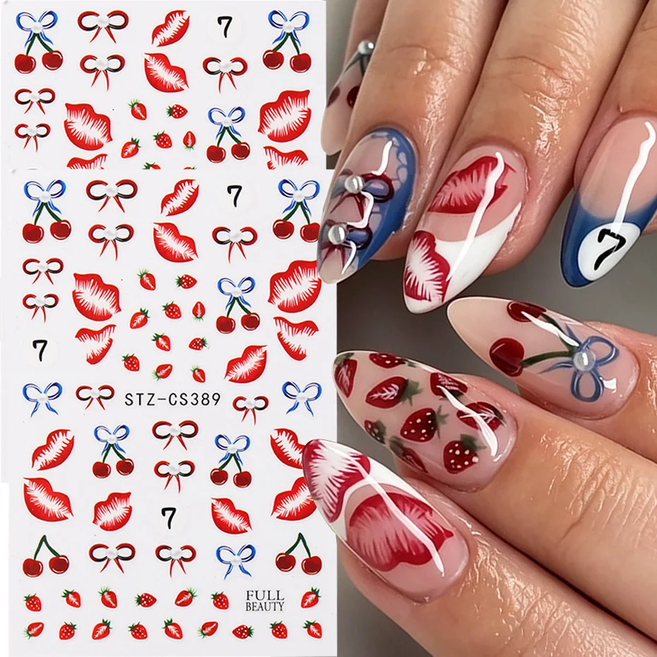 2pcs Cute Strawberry & Cherry Nail Art Stickers Red Blue Bow Red Lips Fruit Sweet Cool Style Design Nail Art Decals Decorations