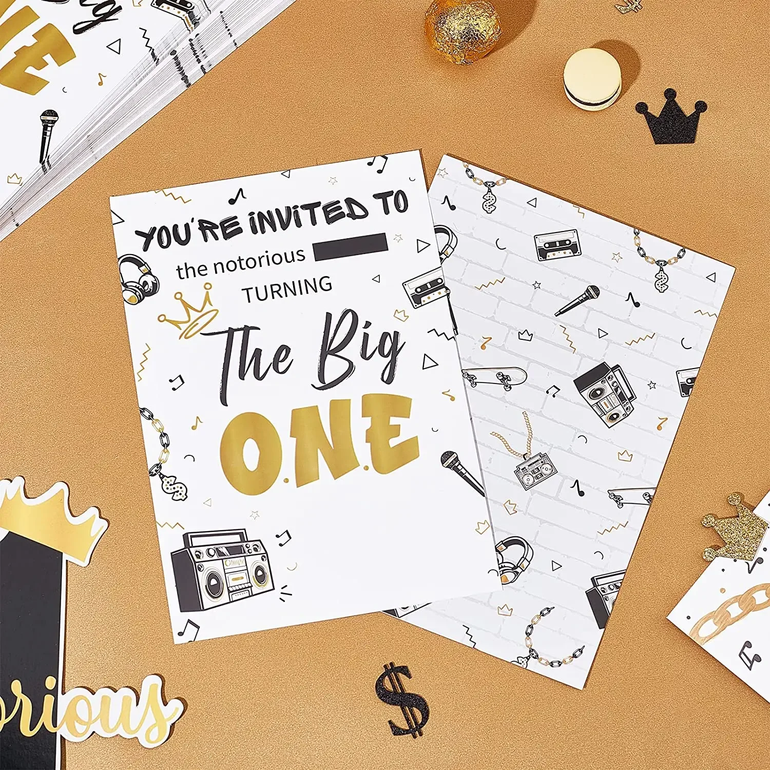 The Notorious One Invitations with Envelopes, Party Decorations, Black and Gold, Hip Hop, 1st Birthday Invite Cards