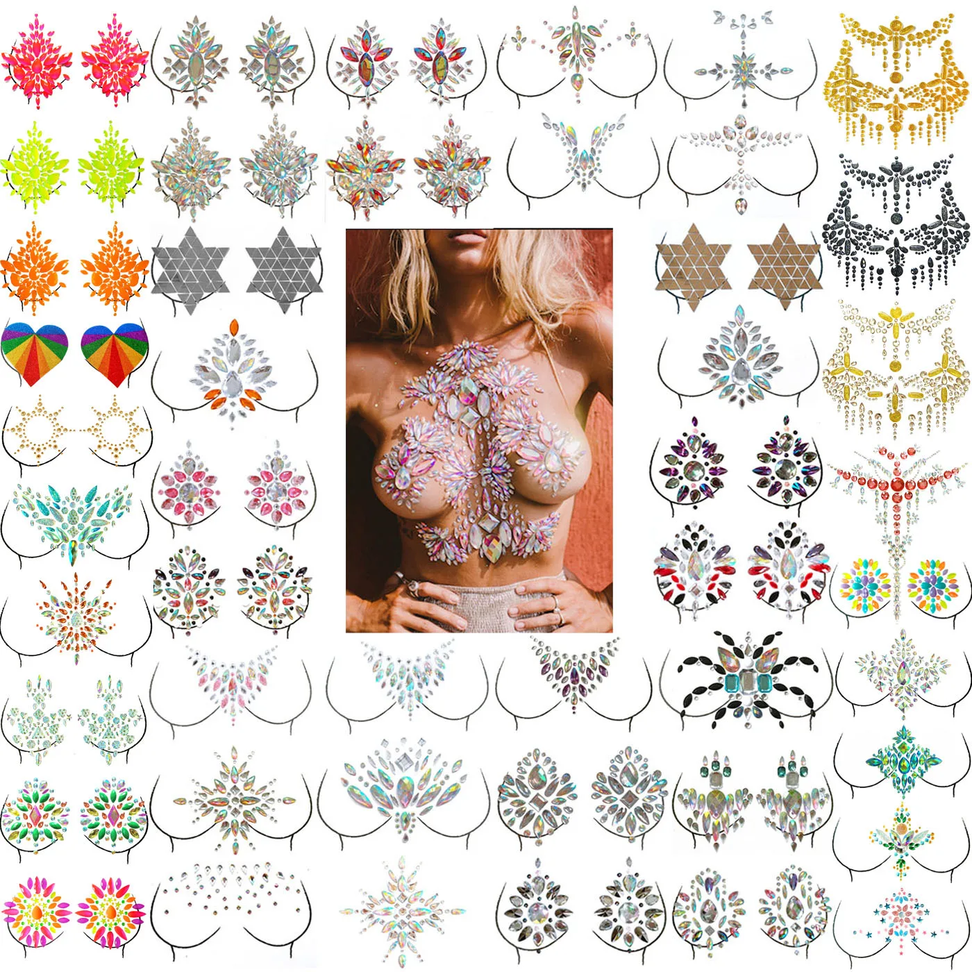 3D Sexy Chest Tattoo Sticker Jewel temporaneo Fake Tattoo Face Party Stage Body Art Tattoo Decoration Makeup Woman Flash