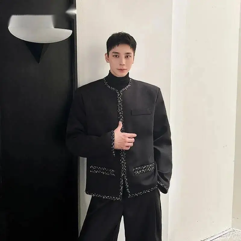 Black Round Collar Men's Short Jacket Niche Personality Lace Design Trendy Single Breasted Coat Topops Spring New 9XJAMI