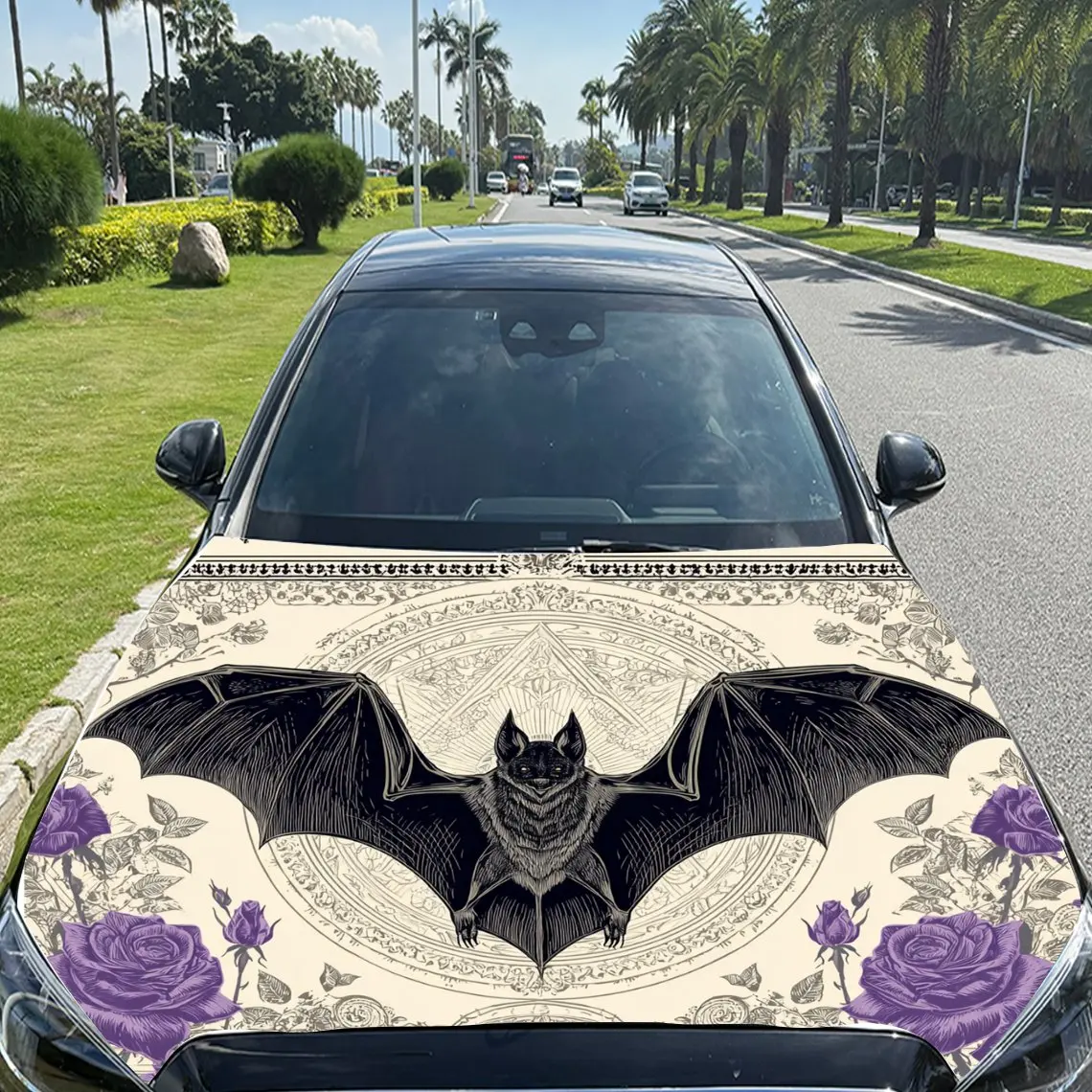 Intricate Bat Mandala Graphic Car Hood Sticker,Waterproof Self-Adhesive Vinyl Graphics Decals,Decor Auto Accessories Stickers view 3