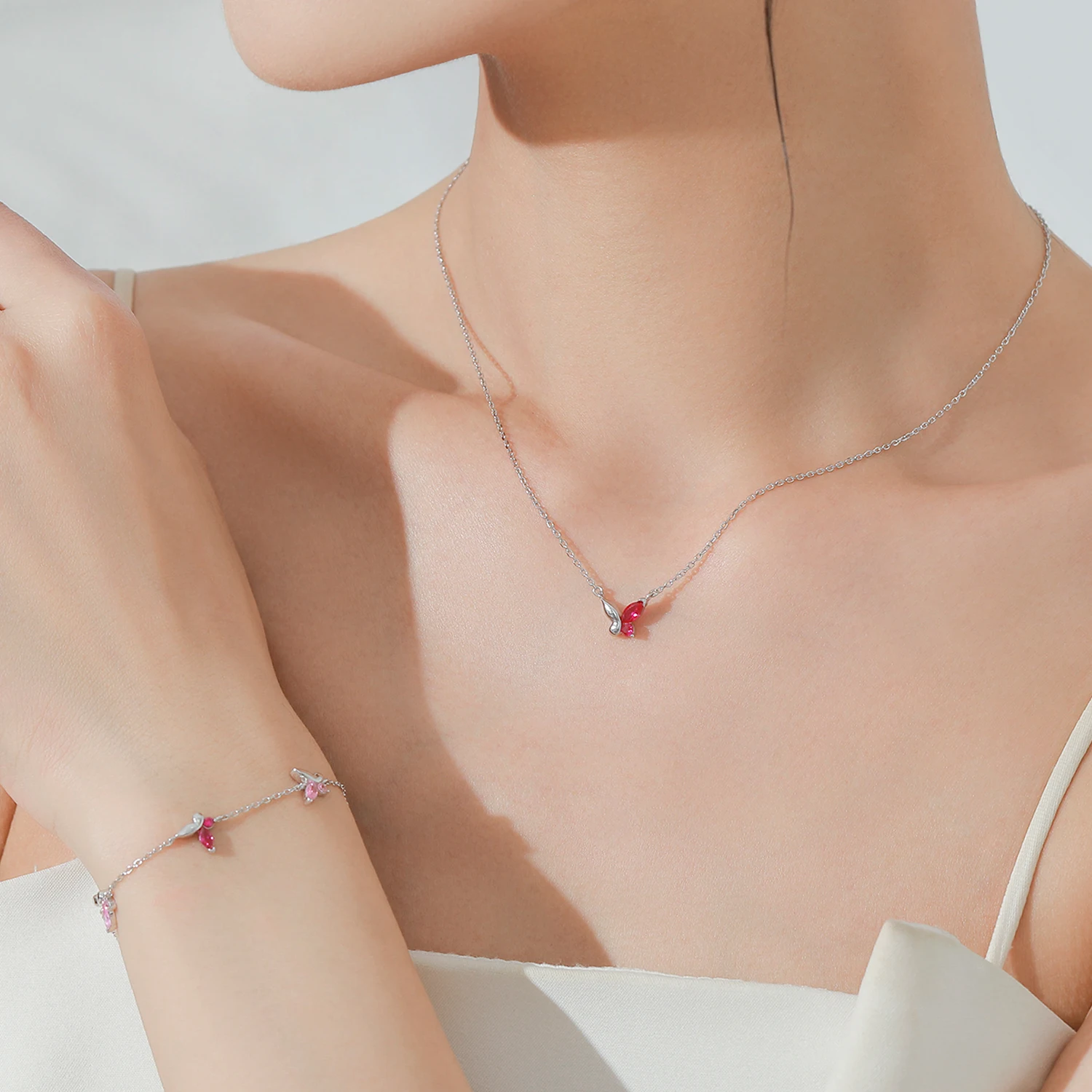 Ailmay Pink Butterfly Bracelet Necklace 925 Sterling Silver Jewelry Set For Women Romantic Wedding Jewelry