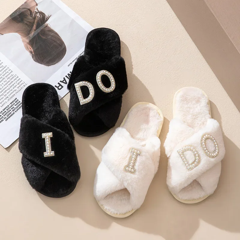 I DO Bride Slippers Couple Slippers Women\'s Wedding Shoes Plush Furry Warm Cozy White Slippers Open Toe Fluffy Bridal Party