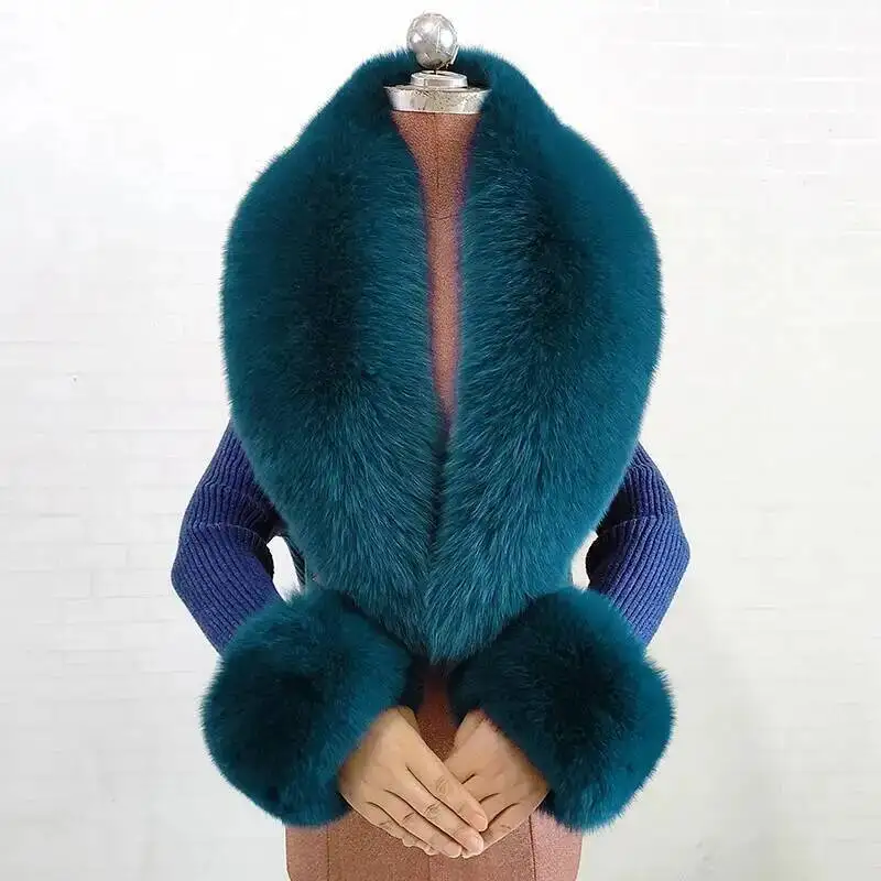 Winter Natural Fox Fur Scarf And Cuff Set Women Jacket Fur Collar Authentic Neck Warm Scarves Luxury Fluffy Fox Fur Shawl