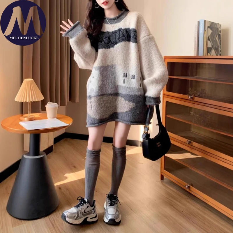 

Sweater for Woman Autumn Winter Lazy Style Cartoon Pattern O Neck Knitte Sweater Korean Fashion Casual Loose Keep Warm Pullovers