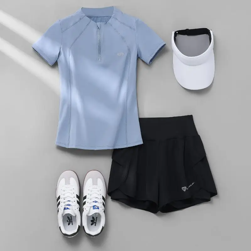 Summer Morning Run Fitn Sportswear Set Women's ort Sve f Zip Gym Training Bodybuilding Clothing T-irt