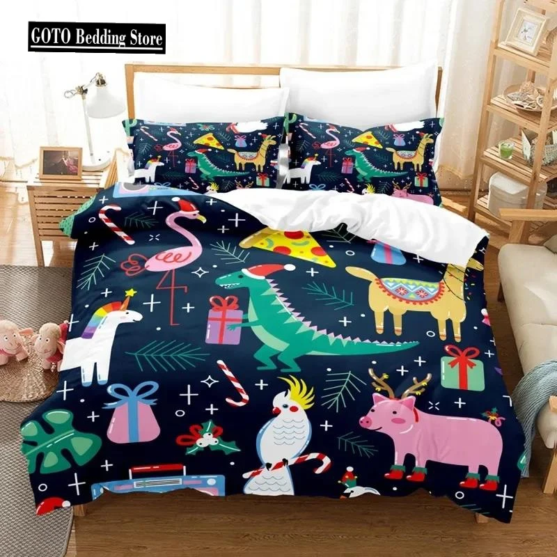 Merry Christmas Bedding Sets for Kids, Boys and Girls, Dinosaurs,Flamingos, Snow Duvet Cover Set, Children's Birthday Gifts