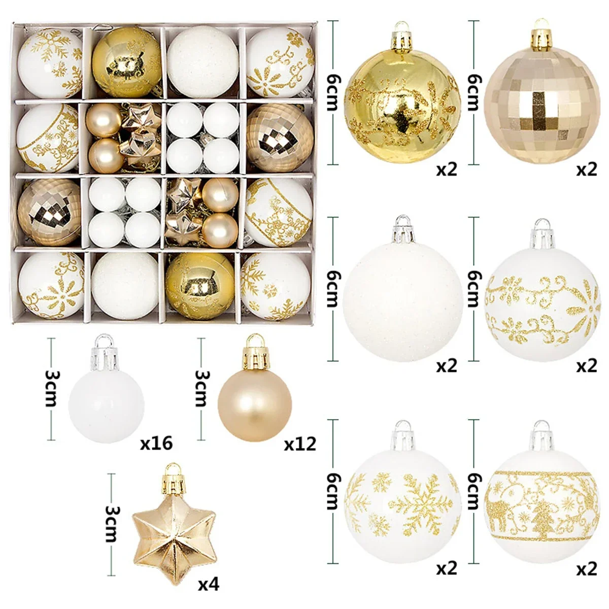 44Pcs Christmas Balls 3-6cm Painted Xmas Tree Ball Ornaments with Hanging Ropes for Christmas Party Decor