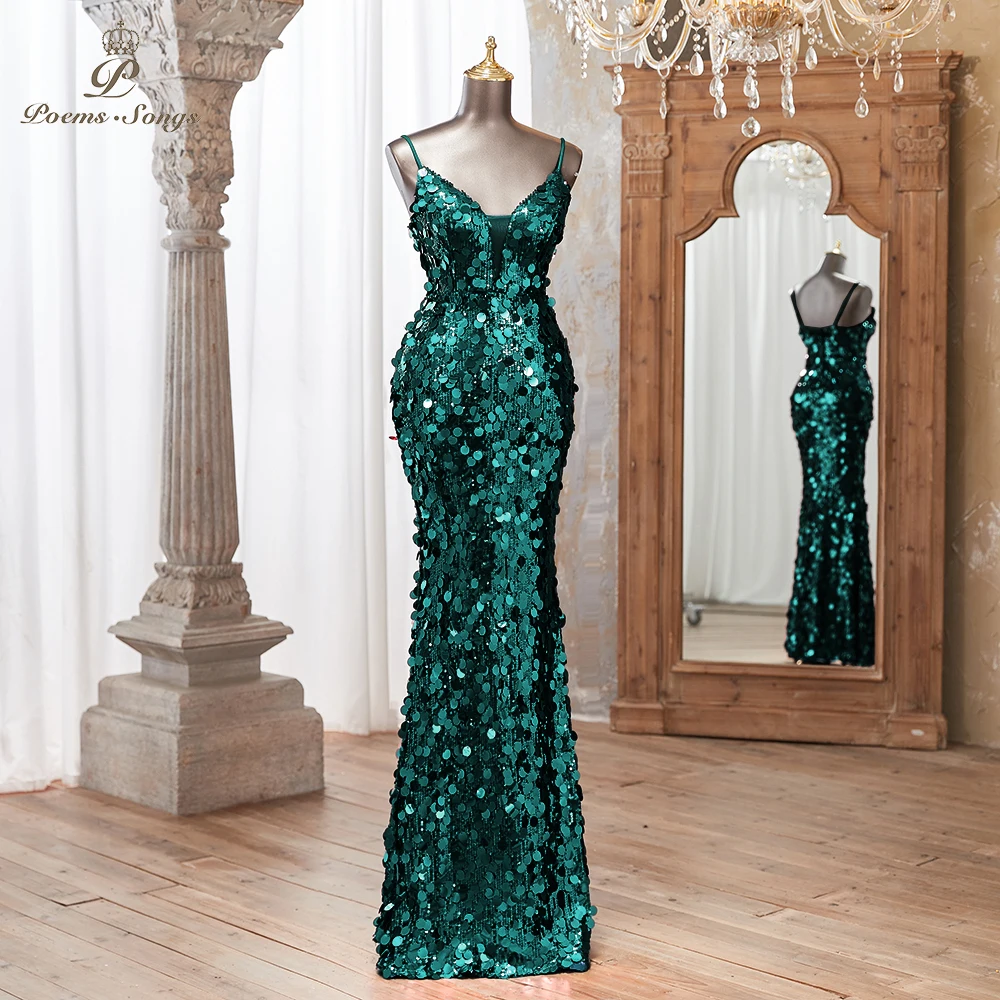 Gorgeous Green Sequin Mermaid Evening Dress V-Neck Spaghetti Strap vestidos de noche Elegant Formal Wear for Special Occasion