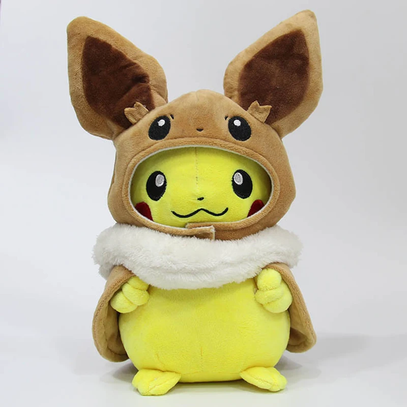 Pikachu Cosplay Eevee pluszowy Pokemon wypchane lalki Eevee Dressing Cloak Cos Pikachu pluszaki Kawaii zabawki hobby piękny prezent dla dzieci