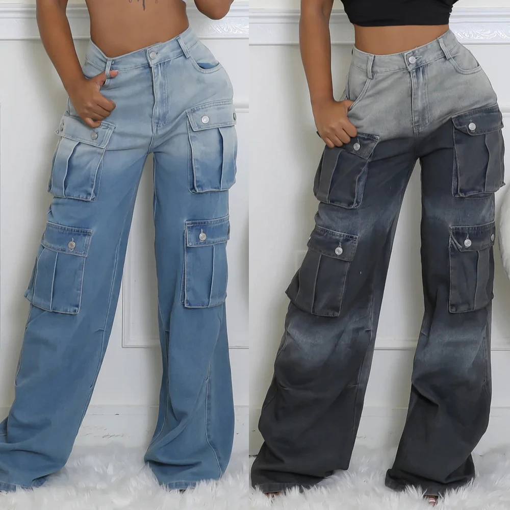 

Women Y2K Streetwear Jeans American Style Retro Multi-Pocket Straight Cargo Pants Trend High Waist Casual Denim Wide Leg Trouser