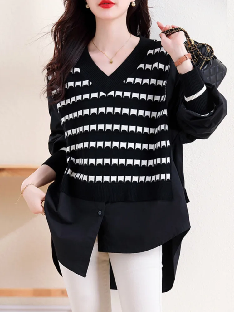 #3136 Black False Two Piece Blouse Women V-neck Loose Split Joint Knitted Irregular Striped Womens Tops And Blouses Streetwear